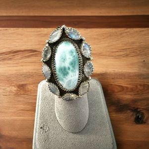 Larimar & Moonstones Ring in Solid Sterling Silver
